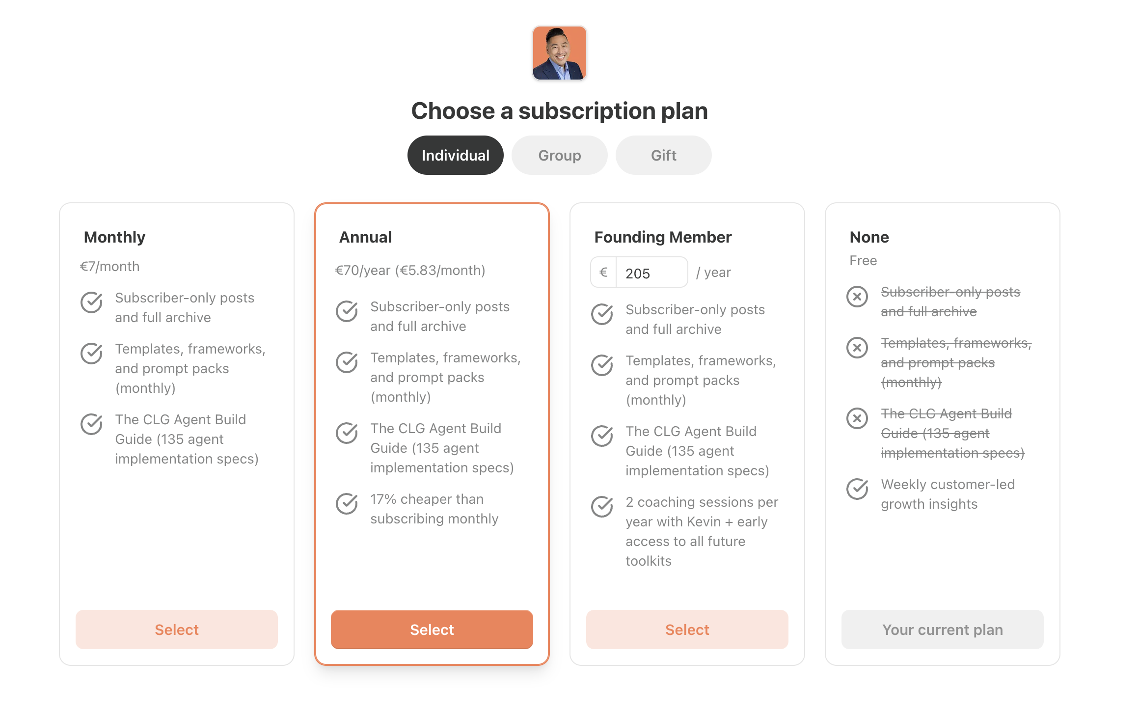 Substack subscription plan picker — the free 'None' plan on the right works.